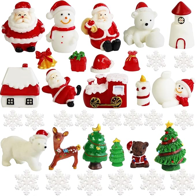 36 Pcs Christmas Miniature Figurines Kits, Mini Resin Santa Claus Christmas Trees Snowman Ornaments Micro Landscape Accessories for DIY Snow Globes Christmas Village Fairy Garden