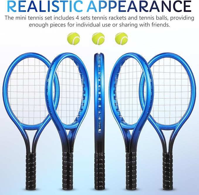 Toddmomy 1:12 Mini Tennis Racket and Ball Set, 8 Sets Miniature Tennis Kit Cake Topper Dollhouse Toy Dollhouse Decor DIY Sports Accessories