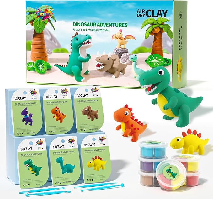 Air Dry Clay for Kids - 6 Dinosaur Themed Modeling Clay Kit, Model Magic Clay with Sculpting Tools and Tutorials, Ultra Light & Soft, Non-Toxic & Safe, DIY Arts and Crafts School Projects for Kids