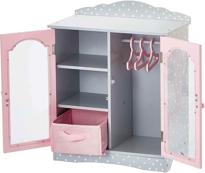 Olivia's Little World Polka Dot Princess Wooden Shaker-Style Double Closet for 18" Doll Wardrobes with Windowed Doors, Three Shelves, Hanging Space with Hangers, Gray/Pink