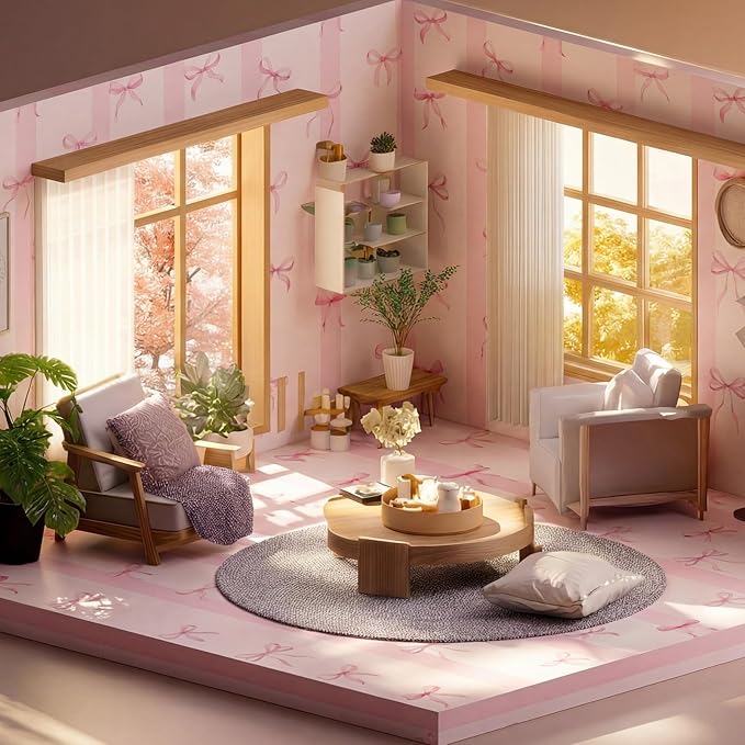 Flutesan 12 Pcs Miniature Dollhouse Wallpaper and Flooring Peel and Stick Mini DIY Self Adhesive Dollhouse Accessories 8.27 x 11.69 Inch (Pink Bow)