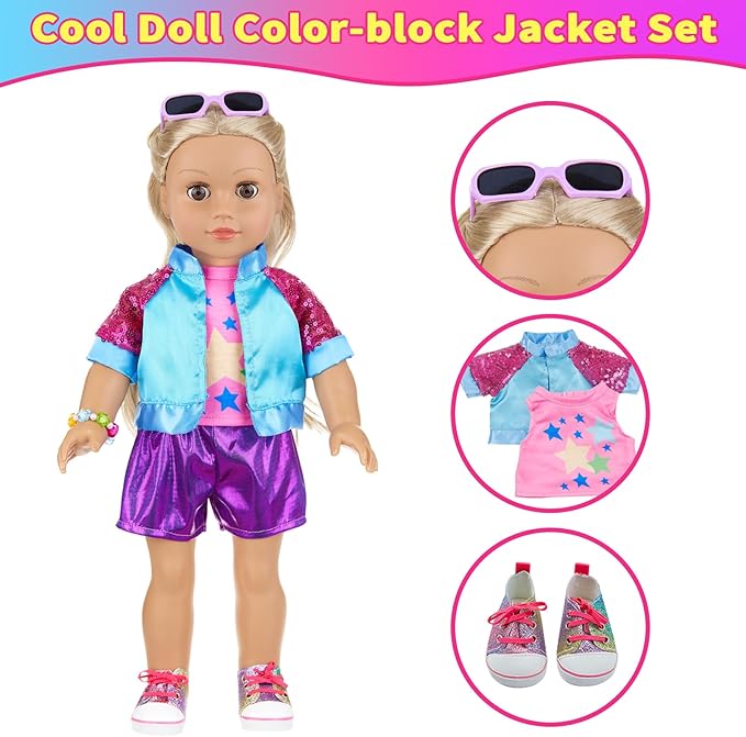 American 18 Inch Doll Clothes Set & Accessories Kit - 3-Piece Outfits with Shoes, Gradient Backpack, Hair Clip, Bracelet, Sunglasses, Toy Tablet & Phone for Kids
