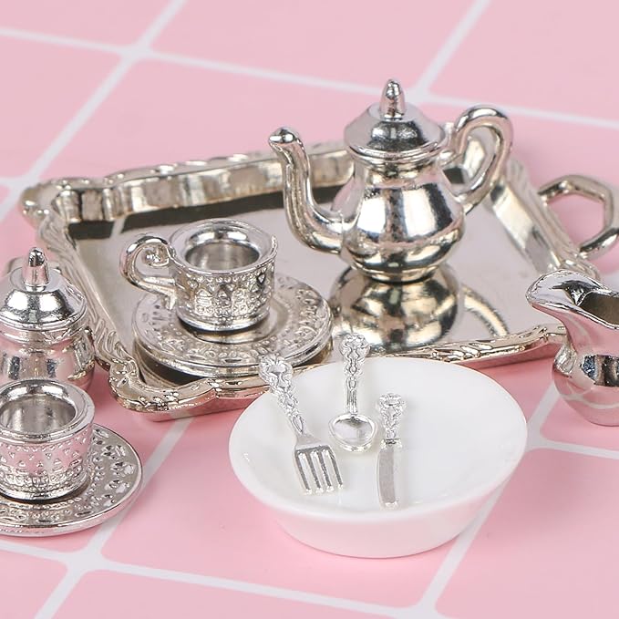 24 Pieces 1:12 Miniature Tea Set Metal Mini Teapot Tiny Tea Cup Mini Doll Plates Knife Fork Spoon Miniature Dollhouse Accessories for Dollhouse
