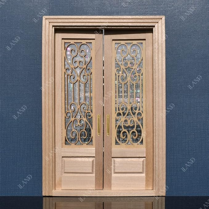 iLAND Dollhouse Door on 1:12 Scale, Dollhouse Accessories of Miniature Gate w/Carved Pattern & 3D Lattice Panes Reflecting Rainbow Light & Golden Handles