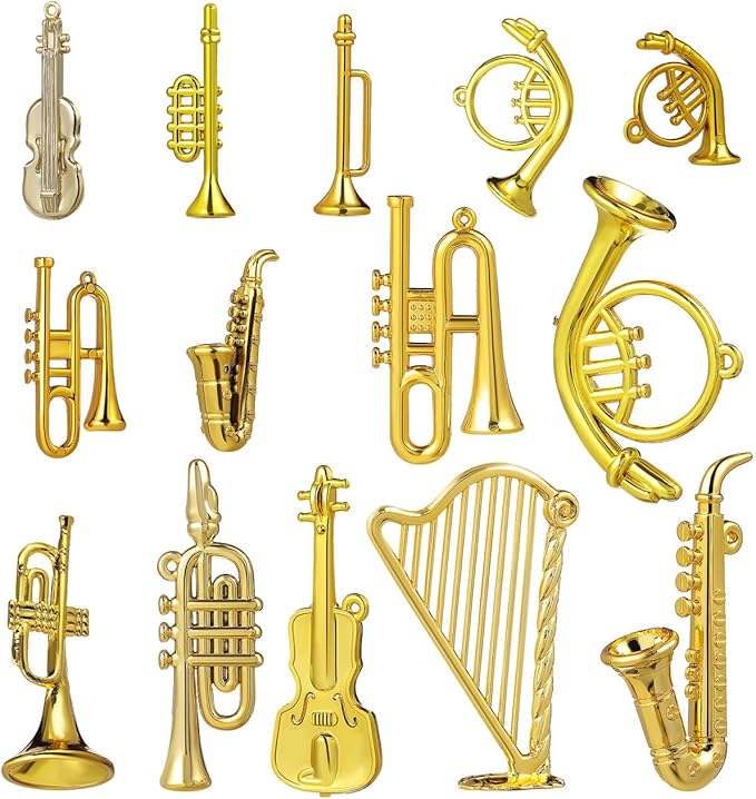 BESPORTBLE 14pcs Mini Musical Instrument Ornaments, Miniature Golden Trumpet Saxophone Harp Model Set for Christmas Tree Decor, Tiny Acrylic Instruments for DIY Crafts Dollhouse