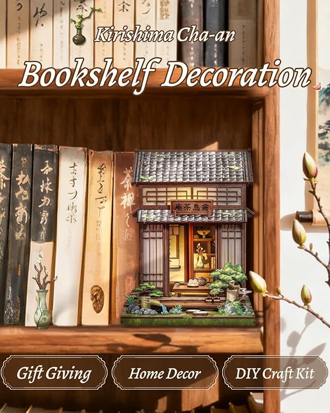 CUTEBEE Book Nook Kit - DIY Miniature House Japanese Tea House, Dollhouse Kit for Adults and Teens, Tiny House Bookshelf Decor 3D Wooden Puzzle, Gifts for Family, Friends(Kirishima Cha-an)