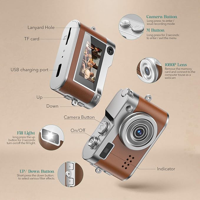 HOTU Mini Digital Camera, Keychain Camera 1080P HD with 2MP Lens, Flash, Video Recording, 32G Card Included, Portable and Compact Retro Vlog Camera for Travel, Kids, Brown