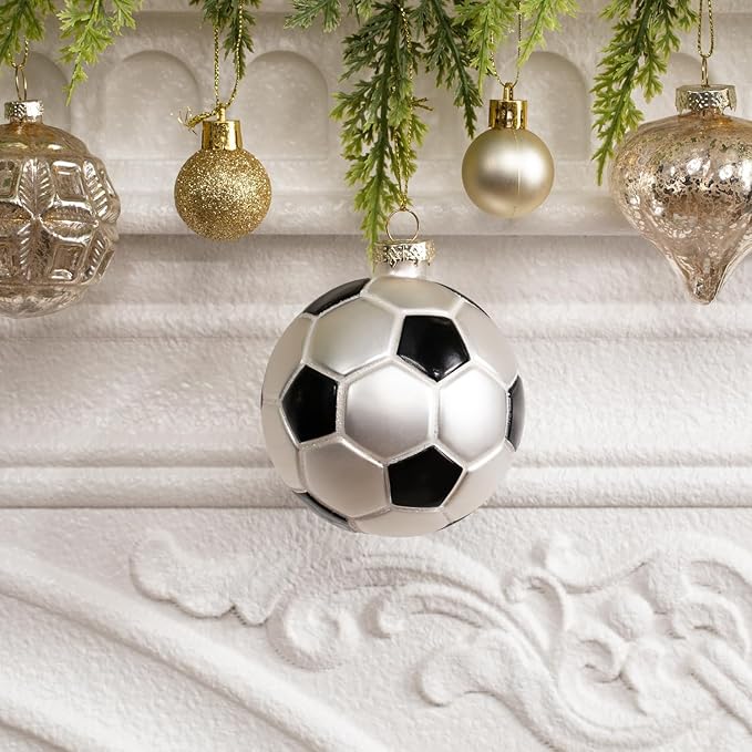 3.15” Christmas Soccer Ball Glass Blown Ornament, 2025 Hand-Painted Small Mini Sports Ball Decoration for Boys and Girls, Xmas Tree Holiday Decor Kids Themed Party Gifts