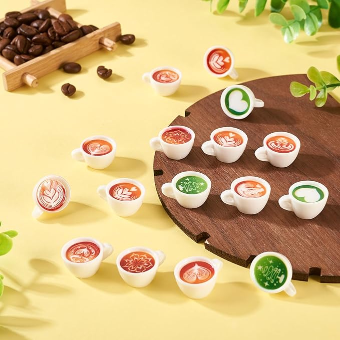 Cheriswelry 32Pcs Mini Coffee Cups Resin Coffee Miniature Ornaments Simulated Matcha Drink Mug Lovely Tableware Dollhouse Display Accessories 12x23mm for Kitchen Desktop Bar Decoration