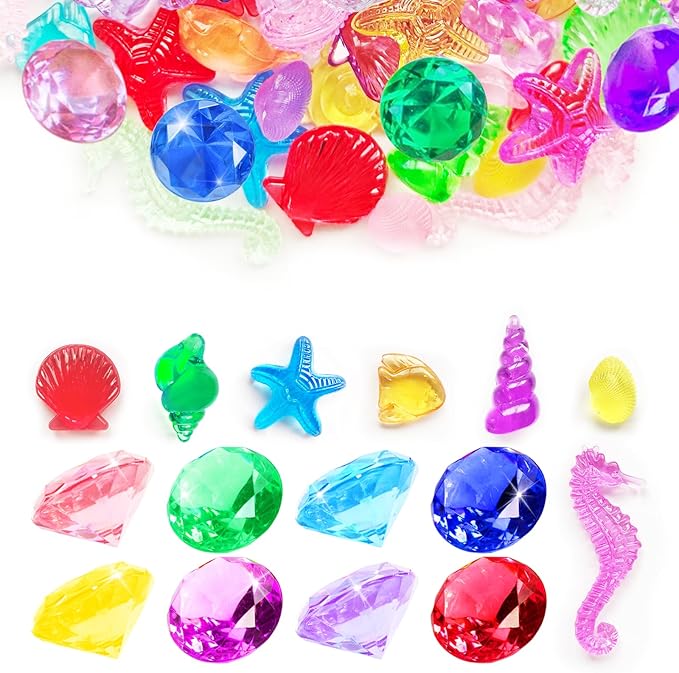 cntjv 60+ Pcs Diving Gems Pool Toys Includes 15 Pcs 1.57in Large Colorful Acrylic Plastic Diamond and 45+ Pcs Fake Seashells for Kids Pirate Treasure Mermaid Hunt Games Swimming Party Favors