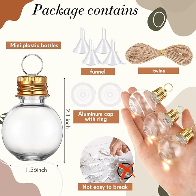 Bokon 50 Pack 1oz Mini Plastic Potion Bottles with Lids, Small Sand Art Bottles Ball Shaped Jar Tiny Clear Wishing Vial for Birthday Christmas Ornaments Halloween Party Decoration DIY Craft (Gold)
