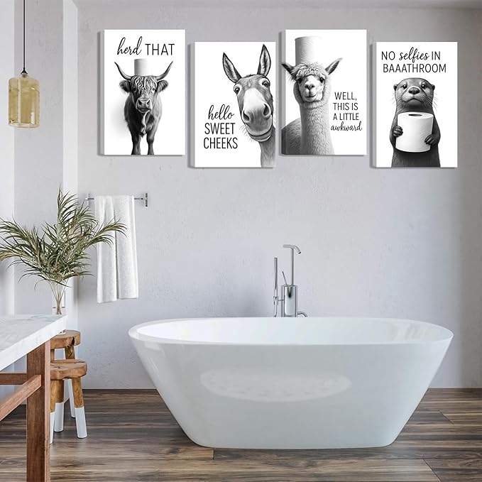Funny Bathroom Wall Art Set of 4 Black and White Bathroom Wall Decor Toilet Paper Pictures Cute Humorous Animal Posters Prints Toilet Signs Painting Artwork Decoration 8x10in