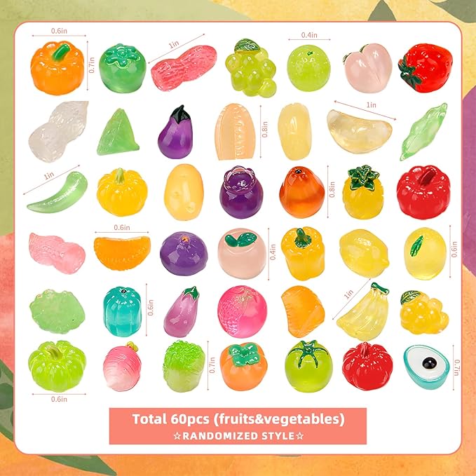 60 pcs Mini Luminous Fruits Vegetables Figurines, Resin Tiny Artificial Fruit Vegetables Glow in The Dark, Fake Miniature Food Decoration for DIY Art Crafts Miniature Landscapes Garden Home