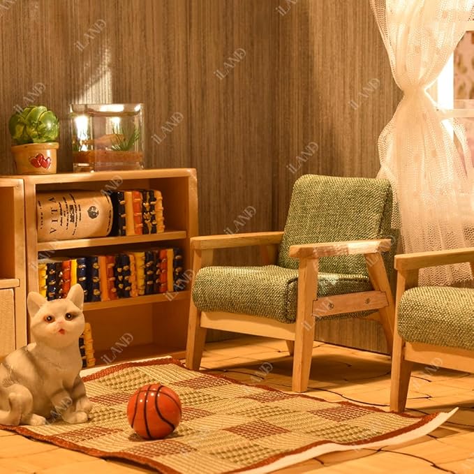iland Dollhouse Couch and Miniature Sofa Set with Mini Houndstooth Cushions, Dollhouse Furniture on 1/12 Scale for Dollhouse Living Room (Grey Green)