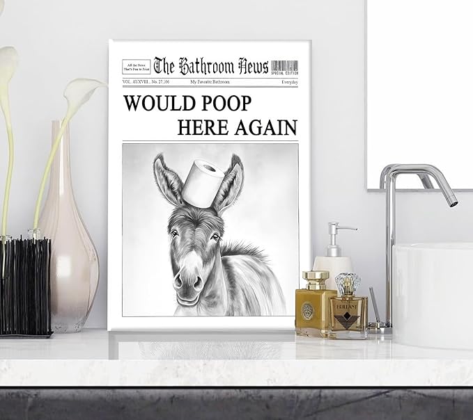 Black White Bathroom Silly Donkey Canvas Wall art Funny Donkey Toilet Paper On head Painting Picture Wall Decor Humorous Animals Poster Print Artwork for Toilet Bathroom Home Decoration 12x16in