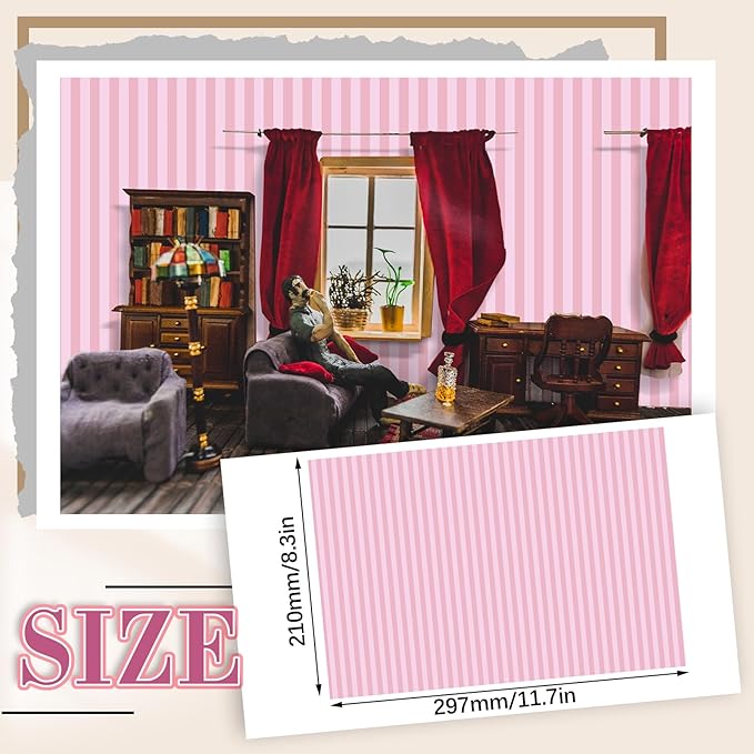 Flutesan 12 Pcs Miniature Dollhouse Wallpaper and Flooring Peel and Stick Mini DIY Self Adhesive Dollhouse Accessories 8.27 x 11.69 Inch (Pink Stripes)