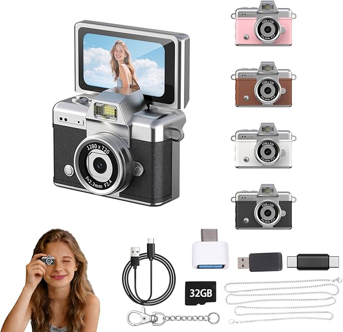 Pyxfeiiu Mini Keychain Camera,1080p Video Mini Digital Camera,Retro Flip Screen Small Bodycam,with Adapter and 32GB Card (Expandable to 128GB),USB Charging Long Battery Life for Kid,Travel,Vlog
