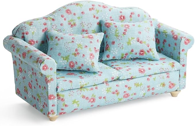 Odoria Dollhouse Couch Miniature Loveseat - 1/12 Scale Upholstered Sofa with Pillow Country Rustic for Living Room - Mini Settee Recliner Reading Furniture - Tiny Chaise Lounge Wood Floral Blue
