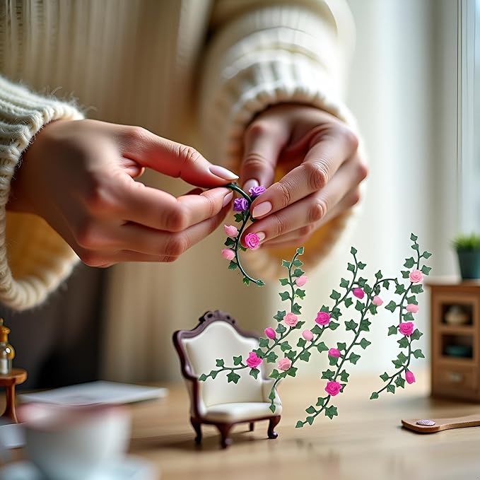 Mini Simulation Flower Strips and Vines Micro Landscape, 1:12 Miniature Model Mini Garden Scene Props Decoration, Dollhouse Décor（5.12in）