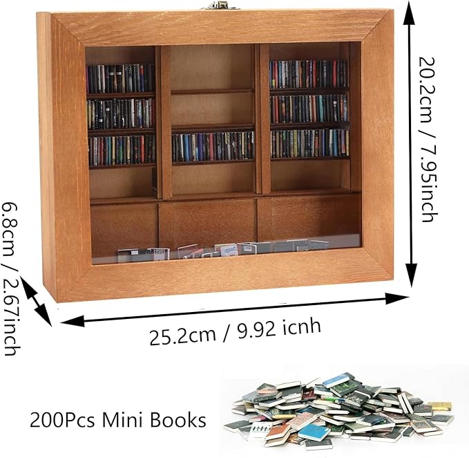 Anxiety Bookshelf Shake Away Your Anxiety, Miniature Book Display Case Cabinet with 200 Mini Books, Creative Wooden Mini Bookshelf Shake Anxiety Stress Reliever Funny Gifts for Book Lovers (White)