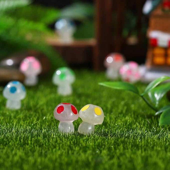 Queekay 50 Pcs Mini Resin Mushroom Luminous Tiny Mushroom Glow in The Dark Ornament for Dollhouse Garden Decoration DIY Craft Micro Landscape Aquarium Party Decor