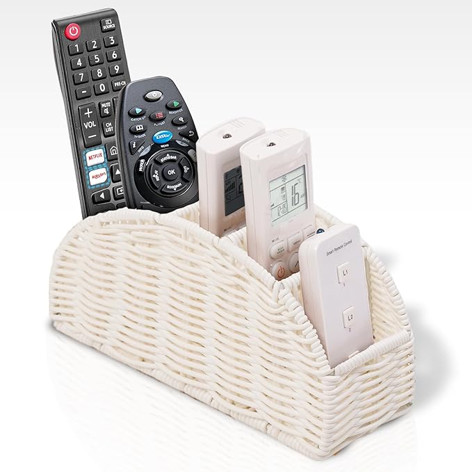 5-Compartment Remote Control Holder – Synthetic Rattan Organizer for TV Remotes, Makeup Brushes, Office Supplies, Stylish Wicker Desk Caddy for Living Room, Bedroom, Office, Patent Pending (White)