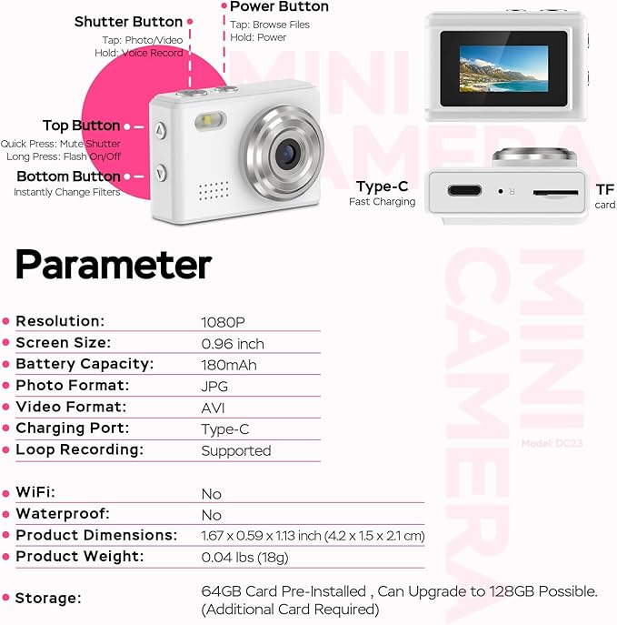 Dienspeak Mini Camera 1080P HD Video Recorder - Keychain Digital Camcorder with 64GB Card, 0.96" HD Display, Long Battery Life, Ultra-Portable Tiny Camera for Travel/Vlog/Night Shots, White