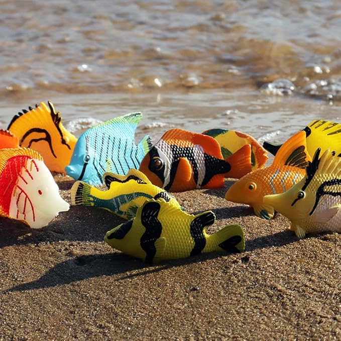 RCOMG 24PCS Tropical Fish Toys, Plastic Sea Creatures Figurines Set, Educational Learning Ocean Animal Figures, Party Favor Miniature Toys Gifts for Boys Girls Kids