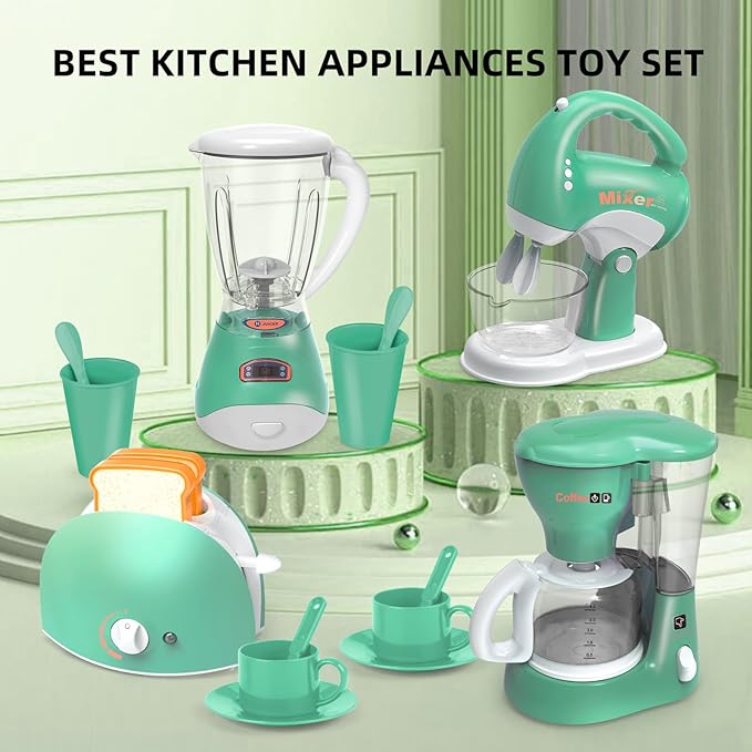 Play Kitchen Toys, Pretend Play Kitchen Appliances Toy Set with Coffee Maker, Mixer, Toaster with Realistic Lights& Sounds, Birthday Gift for Kids Ages 3-5 4-6 6-8 (Green)