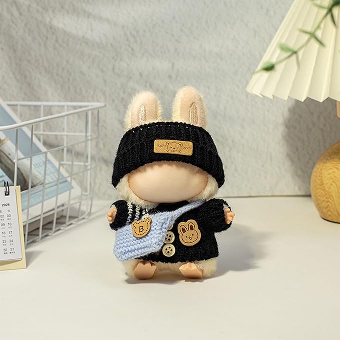Clothes for LABUBU Doll (NO Doll), Handcrafted Crochet 3-Piece Accessories for LABUBU 17cm Dolls, Premium Outfit - Bunny Sweater + Hat + Bag, Cute Clothes for Dress up Unique Style (Black)