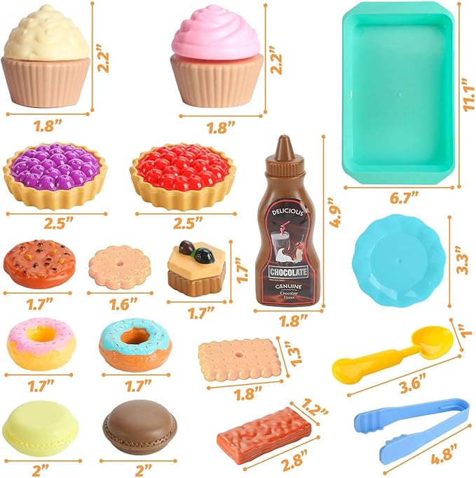 LOVESTOWN Pretend Play Desserts Toy Set - 29 PCS Kids Desserts Fake Food for Tea Party & Birthday Gift