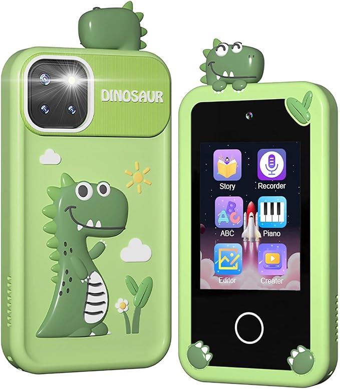 BEBESIRI Kids Camera Mini Smartphone Toy for Boys & Girls - 2.8" Touch Screen, 22 Learning Games, Dual Camera, Music Player, 32GB Card, Christmas Birthday Gift (Green Dinosaur)