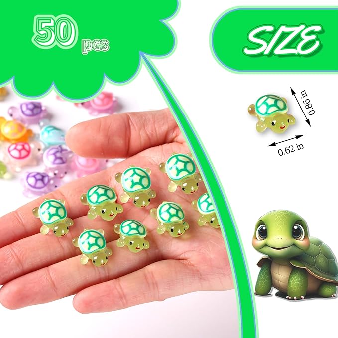50pcs Luminous Mini Resin Turtles, Resin Animals, Mini Turtles, Marine Craft Decoration, Suitable for Decoration of Gardens, Parties, Miniature Landscapes (Green)