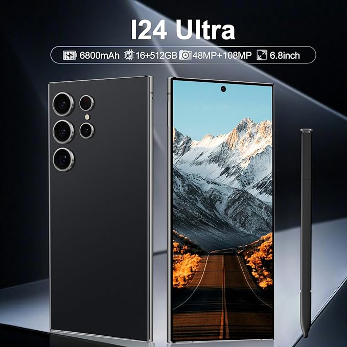 BAOWU I24 Ultra 5G Unlocked Phones, Built in Pen, Smartphone Battery 6800mAh 6.8" HD Screen Unlocked Cell Phone, 16+512GB Android14 with 128G Memory Card, Face ID/Fingerprint Lock/GPS (Black)
