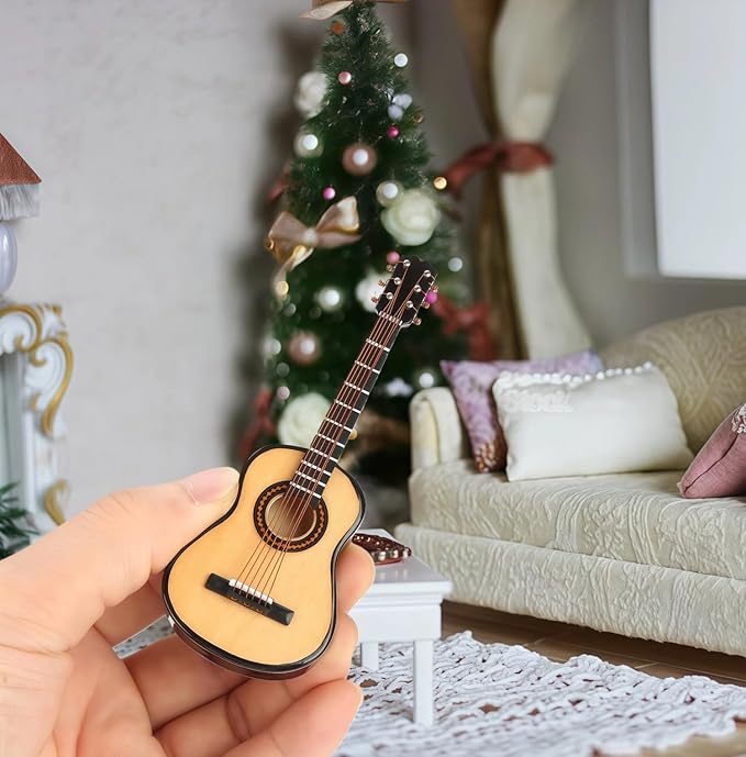 Miniature Guitar, 3.9x1.5x0.5in Guitar Model, Wooden Tiny Guitars Decorative Model with Guitars Shelf and Storage Box for Home, Office Decoration Display Ornament