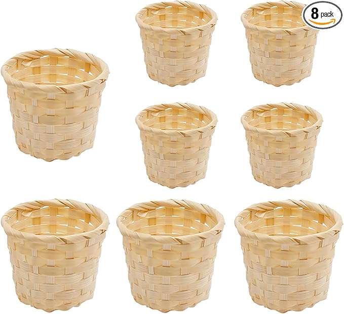 8 Pcs Mini Woven Basket Set for Home Organization, 4 Small 3.54 × 3.54 × 2.95in and 4 Mini 2.95 × 2.95 × 2.36in, Natural Bamboo Wood, Centerpiece Baskets, Party Favors, DIY Crafts
