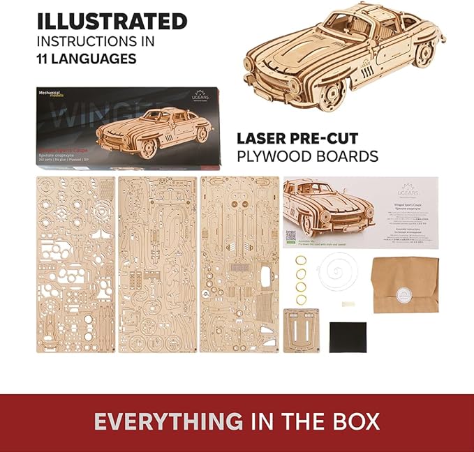 UGEARS Winged Sports Coupe Model Car Kit - 3D Wooden Puzzle for Adults – Model Kit for Adults to Build - DIY Wooden Car with Authentic Gull-Wing Design, 3D Puzzle