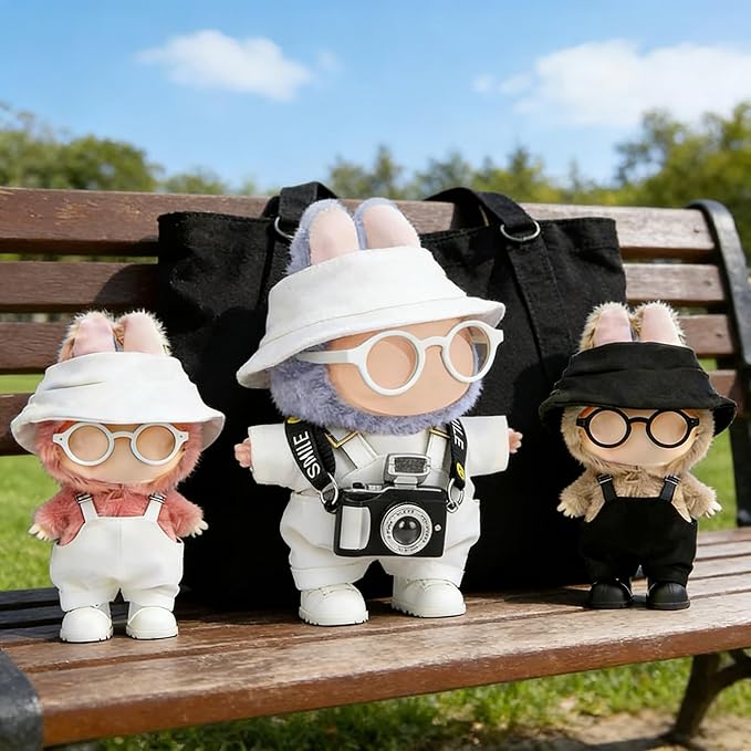 17cm Doll Clothes Set, Hat & Overalls & Shirt & Shoes & Glasses & Camera Set for 17cm Accessories Suit, Stylish Dolls Clothes Accessories, Cute Clothes for Dress up Unique Style (White)