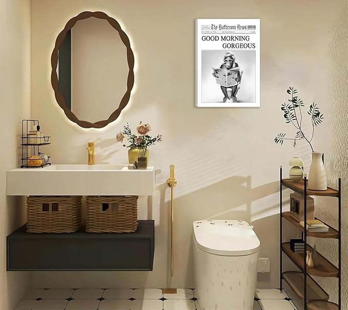 Funny Gorilla Bathroom Canvas Wall Art Black White Gorilla Reading Newspapers Painting Picture Wall Decor Humorous Bathroom Animals Poster Print Artwork for Toilet Home Decoration 16x24in