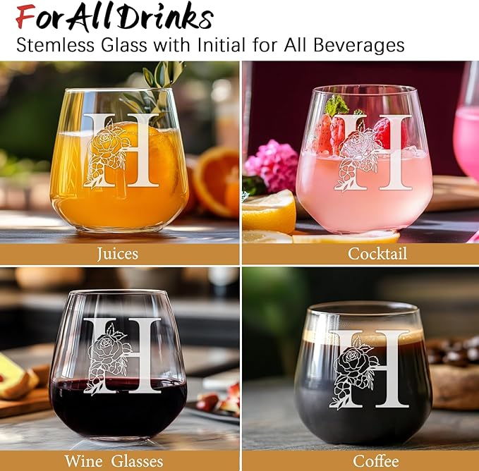 Personalized Gifts for Women, Monogrammed A-Z Wine Glass Customized Gift, Unique Christmas Birthday Gifts for Women Her Mom Friend Sister Wife Daughter Nurse - Dishwasher Safe (H)