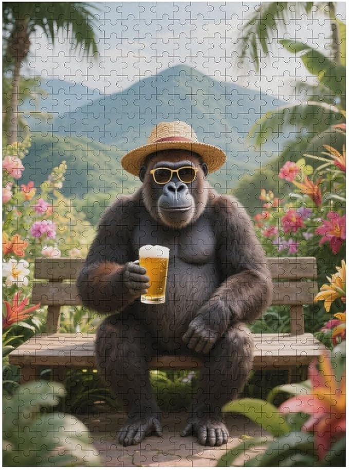 Summer Gorilla – 1000 Piece Scenic Jungle Wooden Jigsaw Puzzle, Happy Summer Gorilla Scene, Mind Relaxation, Fun Hobby, Family Fun