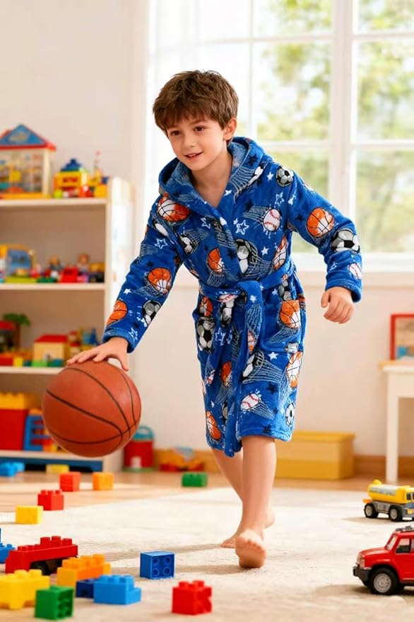 Boys Fleece Robe Hooded Toddler Soft Bathrobe Pajamas Sleepwear for Kids Girls 2-16 Years