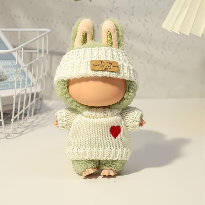 Clothes for LABUBU Doll (NO Doll), Handcrafted Crochet 3-Piece Accessories for LABUBU 17cm Dolls, Premium Outfit - Heart Sweater + Hat + Bag, Cute Clothes for Dress up Unique Style (White)