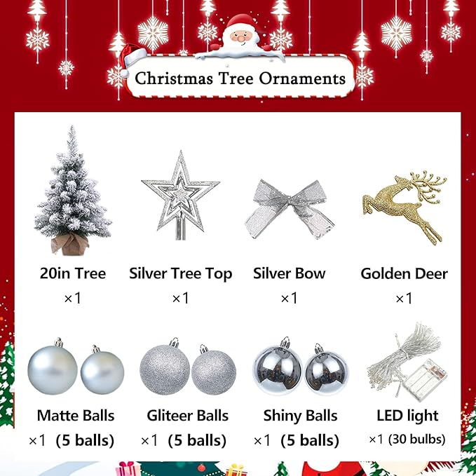 KOIUEYW Mini Christmas Tree Prelit, Small Artificial Christmas Tree with Lights, Pre Lit Little Decoration for Table Top Home Cafe Office, Snow Flocked