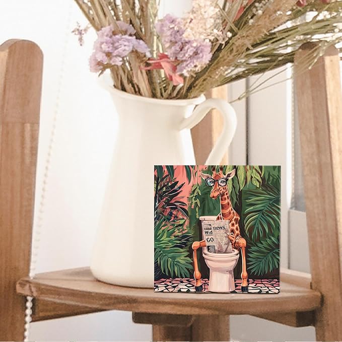 Nrleey Funny Giraffe Bathroom Decor - Wooden Box Sign, 5 X 5 Inches
