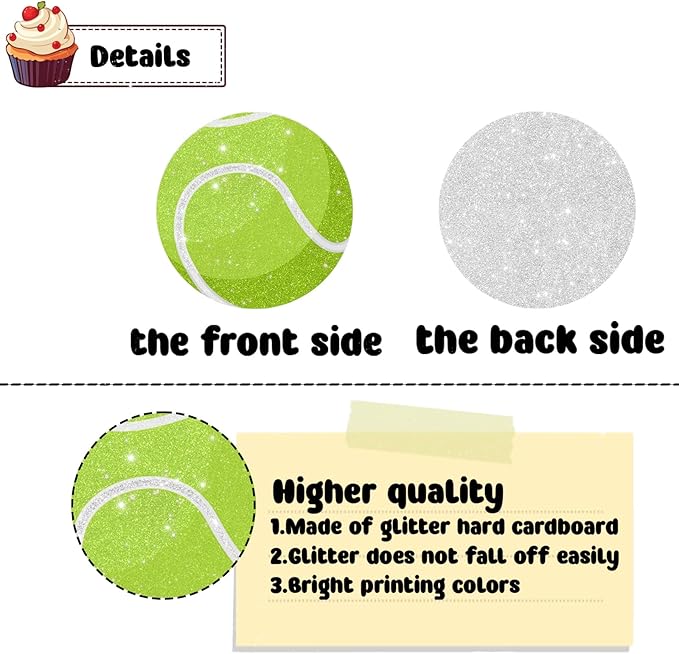 18 PCS Tennis Cupcake Toppers for Birthday Baby Shower Sport Tennis Ball Racket Player Cake Decor Picks Green GlitterTennis Party Decorations Supplies