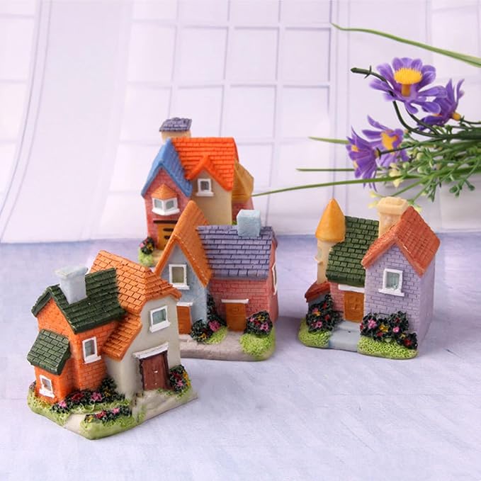 Avtytsda Resin Miniature House 4PCS Miniature House Fairy Gardening Micro Landscape Village Stone House Bonsai Terrarium Crafts Ornaments Accessories Home Decoration (B)