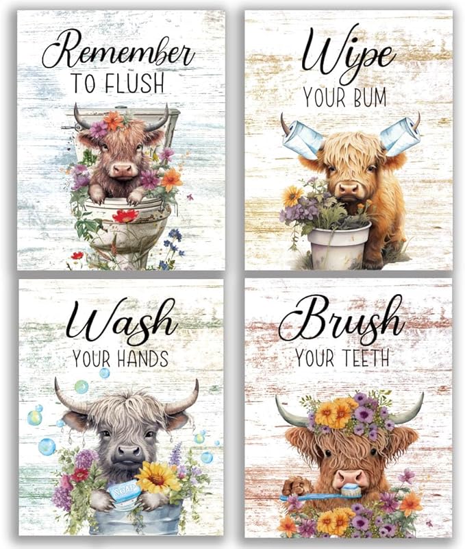 Highland Cow Bathroom Rules Vintage Bathroom Wall Decor Set of 4(8"x10")Unframed, Wooden Rustic Bathroom Decor Wall Art Funny Highland Cow Bathroom Signs Pictures Decor Hanging Decorations for Farmhouse Toilet Bathroom