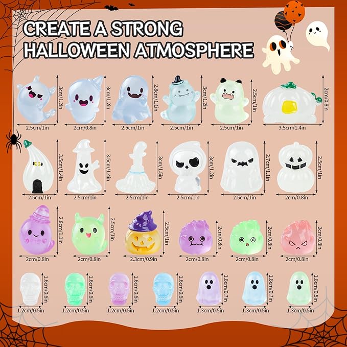 25 PCS Luminous Halloween Miniatures Figurines Halloween Resin Figures Glow in The Dark Miniature Skeleton Ghost Ornaments for Horror Party Favors Fillers Home Tabletop Decor