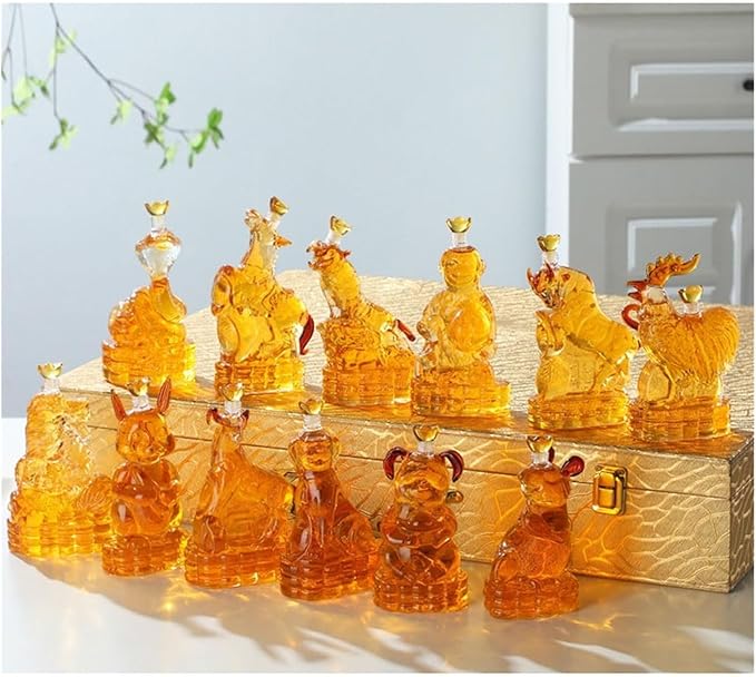 Chinese Zodiac Mini Whiskey Decanter Set of 12 with Stopper. Creative Animal Clear Glass Wine Bottle Miniature Liquor Dispenser for New Year (Size : 180ml x 12)